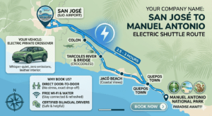Private shuttle route map from San Jose Airport to Manuel Antonio featuring eco-friendly electric crossover.