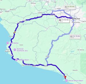 Route map of electric private crossover shuttle from San Jose Airport SJO to Manuel Antonio Costa Rica.